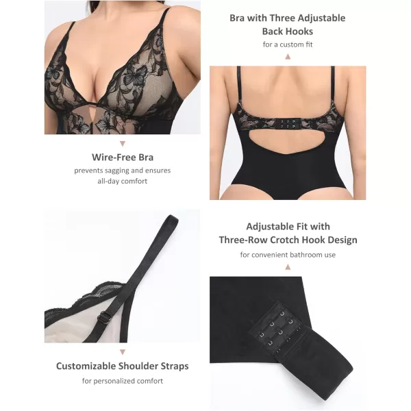 FeelinGirl Lace Shapewear Bodysuit Tummy Control Deep V Lingerie for Women One Piece Teddy Babydoll Backless Body Suit Thongs