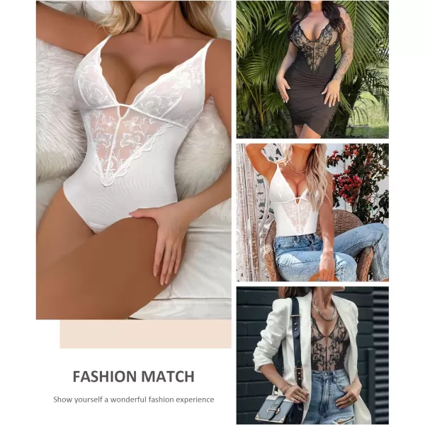 FeelinGirl Lace Shapewear Bodysuit Tummy Control Deep V Lingerie for Women One Piece Teddy Babydoll Backless Body Suit Thongs