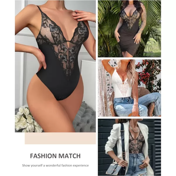 FeelinGirl Lace Shapewear Bodysuit Tummy Control Deep V Lingerie for Women One Piece Teddy Babydoll Backless Body Suit Thongs