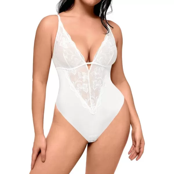 FeelinGirl Lace Shapewear Bodysuit Tummy Control Deep V Lingerie for Women One Piece Teddy Babydoll Backless Body Suit Thongs