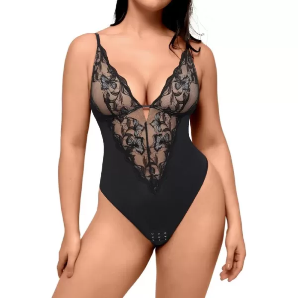 FeelinGirl Lace Shapewear Bodysuit Tummy Control Deep V Lingerie for Women One Piece Teddy Babydoll Backless Body Suit Thongs
