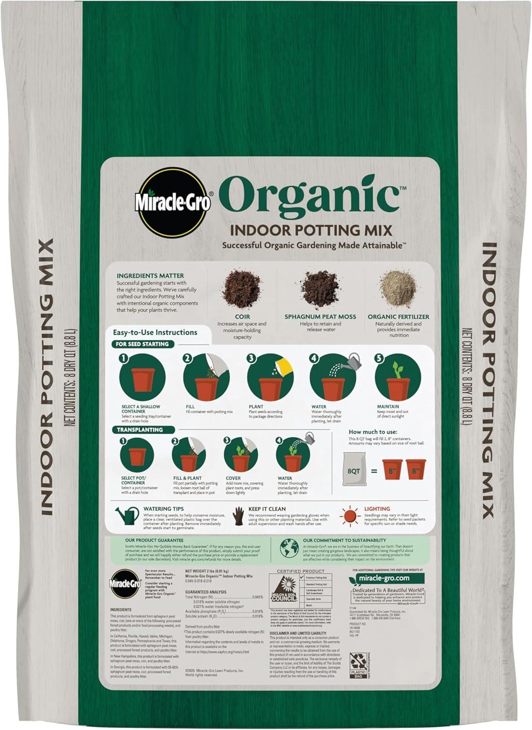 imageMiracleGro Organic Indoor Potting Mix Protects Against Over and Under Watering for Indoor Container Plants Houseplants and Starter Plants OMRI Listed 16 qt 2Pack8QT