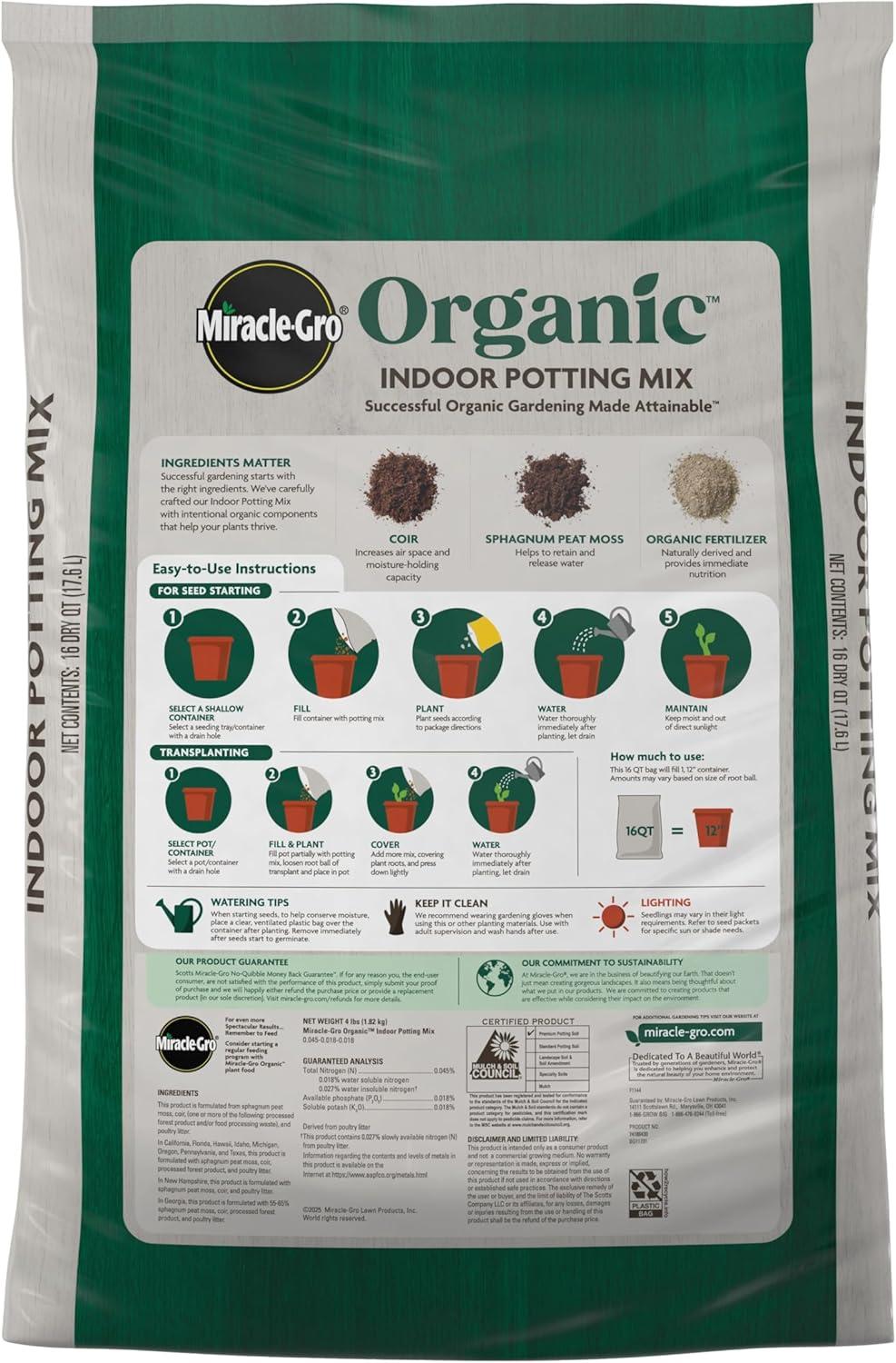 imageMiracleGro Organic Indoor Potting Mix Protects Against Over and Under Watering for Indoor Container Plants Houseplants and Starter Plants OMRI Listed 16 qt 2Pack16QT 2Pack