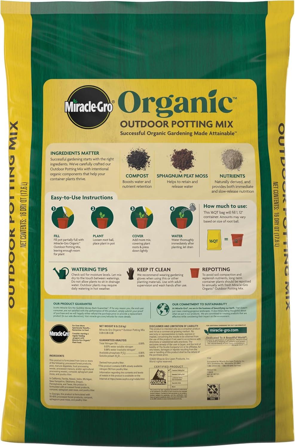 imageMiracleGro Organic Outdoor Potting Mix for Outdoor Container Plants Contains QuickRelease Natural Fertilizer OMRI Listed 16 qt 2Pack