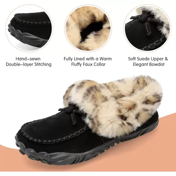 imageBARERUN Womens Moccasin Snow Boots Warm Winter Boots Ankle Boots for Women Outdoor Fur Lined Womens Shoes SlippersBlack Leopard