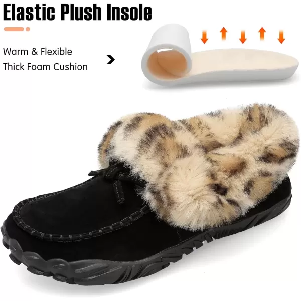 imageBARERUN Womens Moccasin Snow Boots Warm Winter Boots Ankle Boots for Women Outdoor Fur Lined Womens Shoes SlippersBlack Leopard