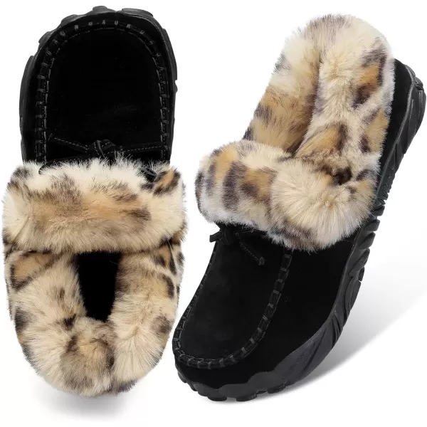 imageBARERUN Womens Moccasin Snow Boots Warm Winter Boots Ankle Boots for Women Outdoor Fur Lined Womens Shoes SlippersBlack Leopard