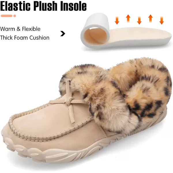 imageBARERUN Womens Moccasin Snow Boots Warm Winter Boots Ankle Boots for Women Outdoor Fur Lined Womens Shoes SlippersLight Brown Leopard