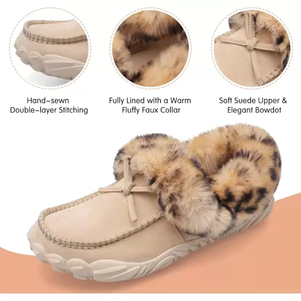 imageBARERUN Womens Moccasin Snow Boots Warm Winter Boots Ankle Boots for Women Outdoor Fur Lined Womens Shoes SlippersLight Brown Leopard