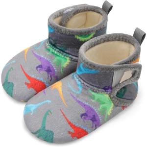 imageBARERUN Toddler Slippers Girls Boys House Shoes Baby Winter Booties Plush Cozy Kids House Slipper Warm Lightweight Infant Walking Shoes SocksA Grey Dinosaur