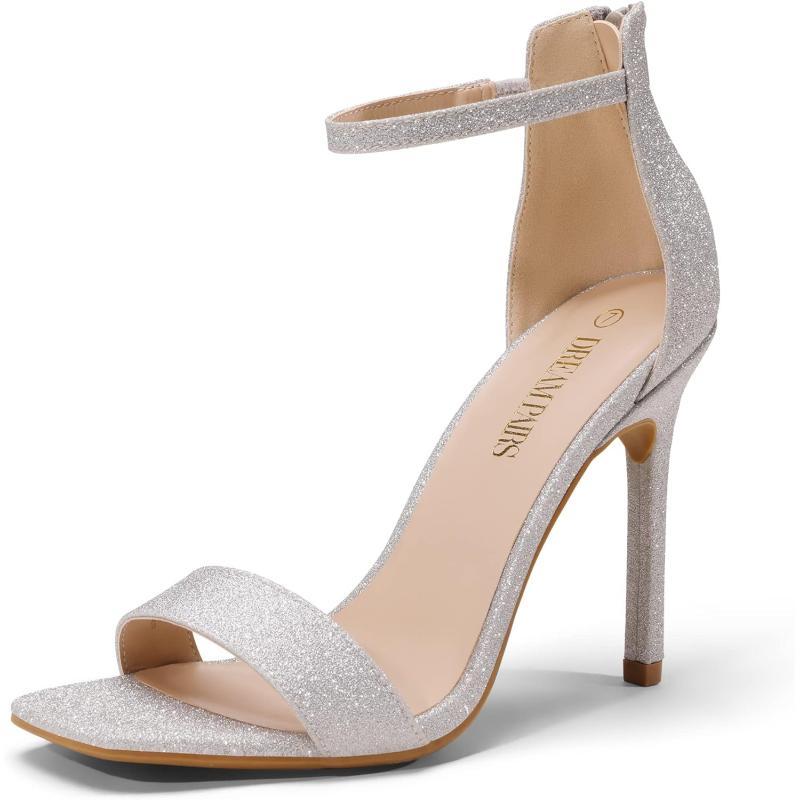 imageDREAM PAIRS High Heels Stillettos Square Toe Heels for Women Ankle Strap Heels Sexy Comfort Strappy Dress Shoes Wedding Bridal Pumps SandalsSilverGlitter
