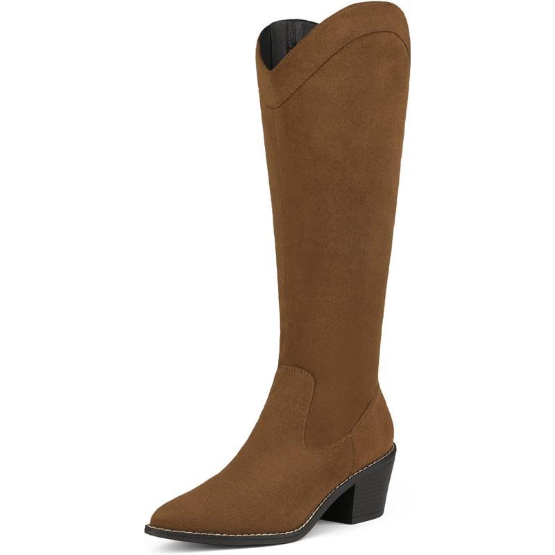 imageDREAM PAIRS Womens Cowboy Boots Western Cowgirl Pull On Zipper Chunky Heel Pointed Toe Knee High BootsBrownSuede