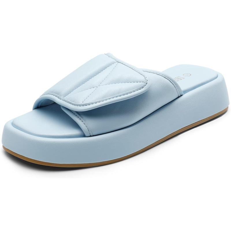imageDREAM PAIRS Womens Cushion Summer Slipon Slides Comfort Square Toe Platform Slipper Sandals with Puffy Adjustable StrapLight Blue