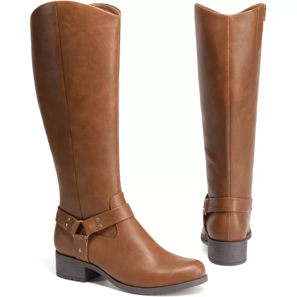 imageDREAM PAIRS Boots For Women Knee High Comfortable Pull On Side Zipper Buckle Riding BootsBrown