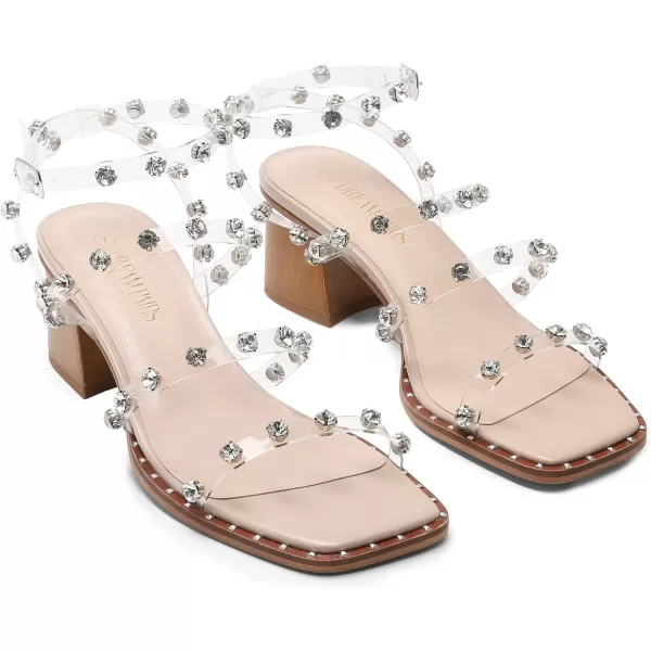 imageDREAM PAIRS Clear Studded Rhinestone Heels for Women Sexy Chunky Block Square Toe Heels Wedding Shoes Low Heels Open Toe Bridal Pumps SandalsClearRhinestone