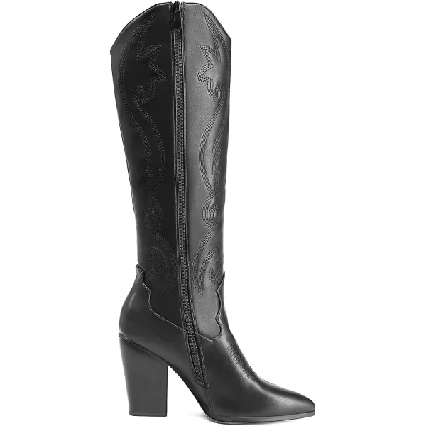 imageDREAM PAIRS Cowboy Boots For Women Comfortable Pull On Zipper Chunky Heel Pointed Toe Embroidered Western Cowgirl Knee High BootsBlack