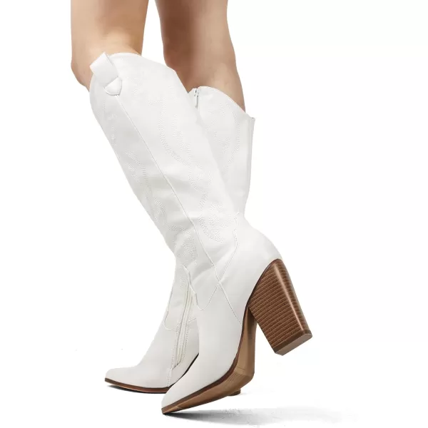 imageDREAM PAIRS Cowboy Boots For Women Comfortable Pull On Zipper Chunky Heel Pointed Toe Embroidered Western Cowgirl Knee High BootsWhite