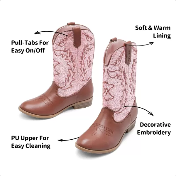 imageDREAM PAIRS Cowgirl Cowboy Western Boots Girls Mid Calf Riding Shoes Little KidBig KidPinkBrown