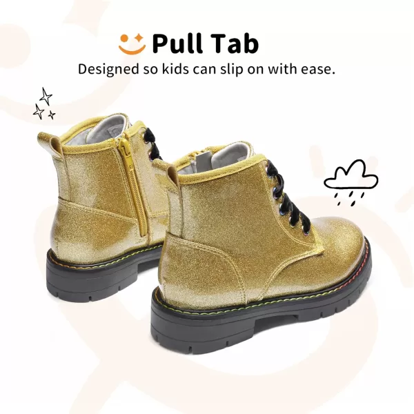 imageDREAM PAIRS Girls Boys Glitter Ankle Boots Side Zipper Combat Shoes with Lace UpToddlerLittle KidBig KidGoldPu