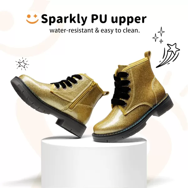 imageDREAM PAIRS Girls Boys Glitter Ankle Boots Side Zipper Combat Shoes with Lace UpToddlerLittle KidBig KidGoldPu
