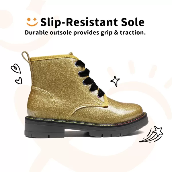 imageDREAM PAIRS Girls Boys Glitter Ankle Boots Side Zipper Combat Shoes with Lace UpToddlerLittle KidBig KidGoldPu
