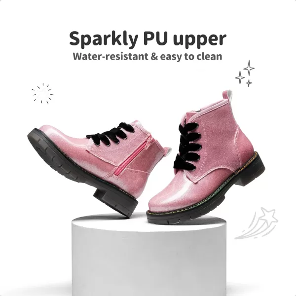 imageDREAM PAIRS Girls Boys Glitter Ankle Boots Side Zipper Combat Shoes with Lace UpToddlerLittle KidBig KidPinkPu