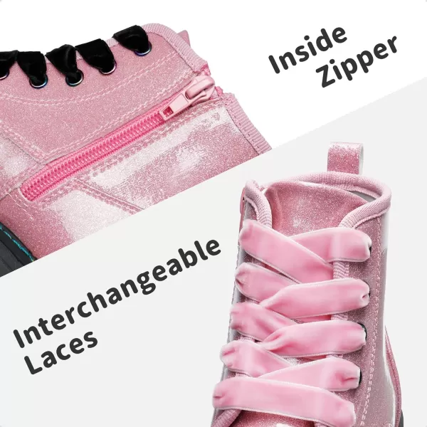 imageDREAM PAIRS Girls Boys Glitter Ankle Boots Side Zipper Combat Shoes with Lace UpToddlerLittle KidBig KidPinkPu