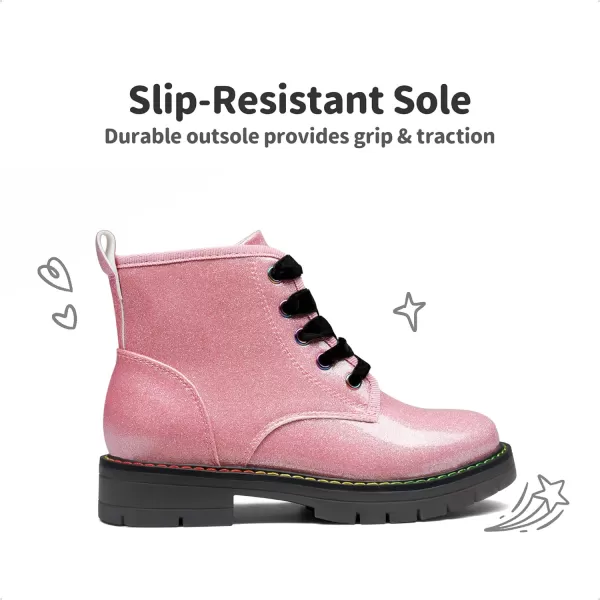 imageDREAM PAIRS Girls Boys Glitter Ankle Boots Side Zipper Combat Shoes with Lace UpToddlerLittle KidBig KidPinkPu
