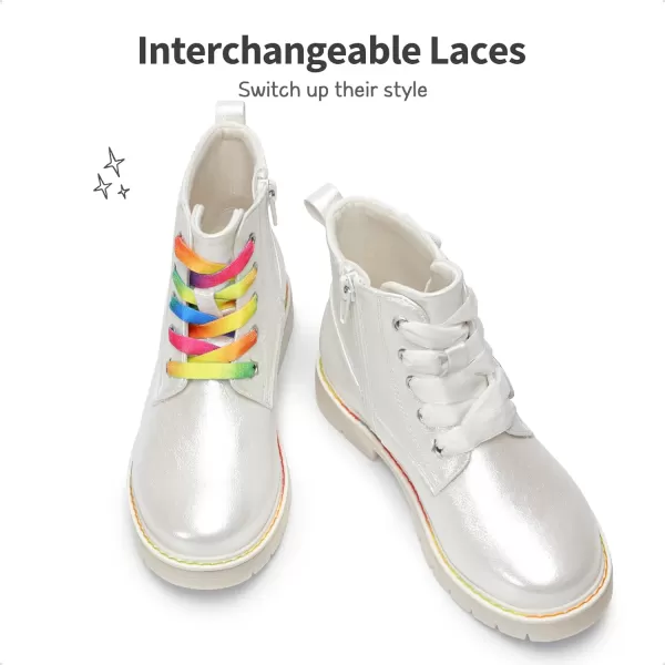 imageDREAM PAIRS Girls Boys Glitter Ankle Boots Side Zipper Combat Shoes with Lace UpToddlerLittle KidBig KidWhite