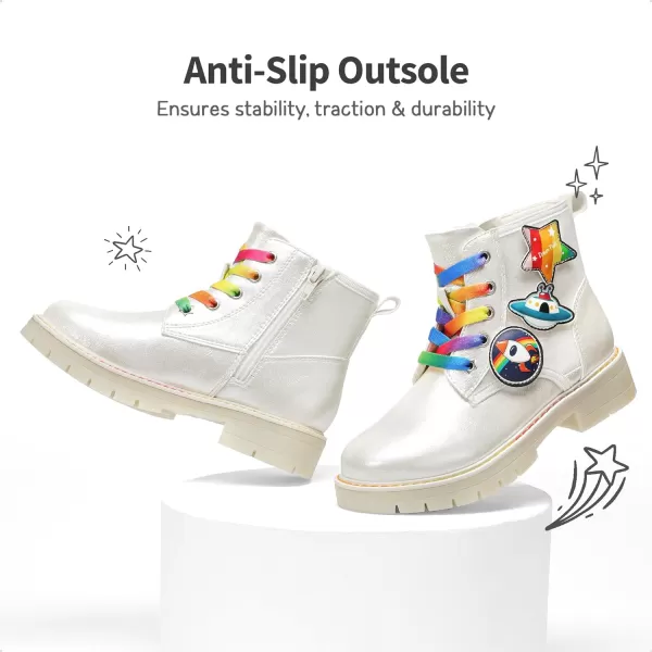 imageDREAM PAIRS Girls Boys Glitter Ankle Boots Side Zipper Combat Shoes with Lace UpToddlerLittle KidBig KidWhite