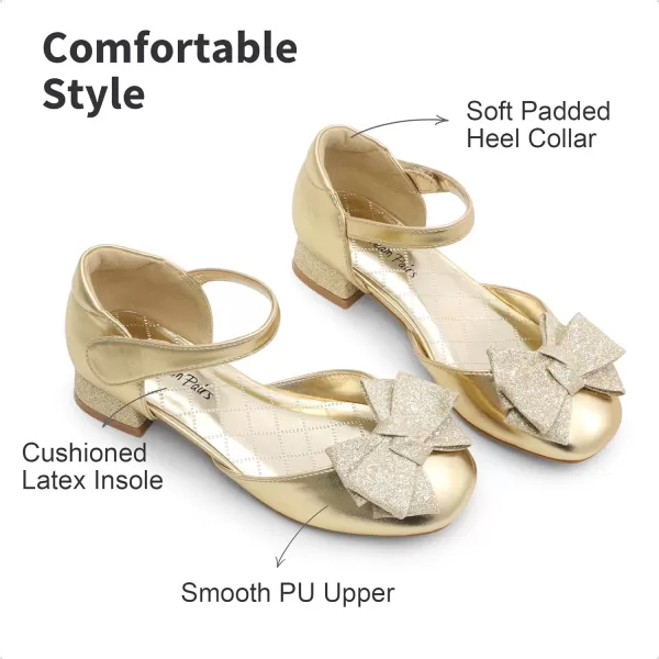 imageDREAM PAIRS Girls Dress Shoes Closed Toe Low Heels Ankle Strap Bow Ballet Wedding Party Sandals Princess Flower ShoesGold