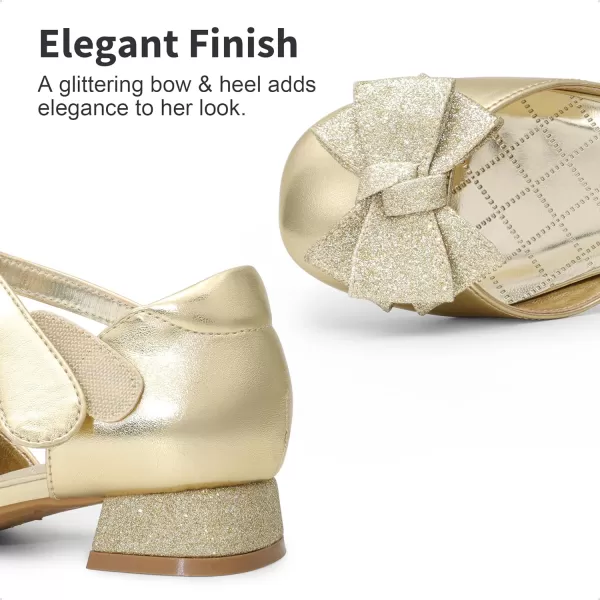 imageDREAM PAIRS Girls Dress Shoes Closed Toe Low Heels Ankle Strap Bow Ballet Wedding Party Sandals Princess Flower ShoesGold