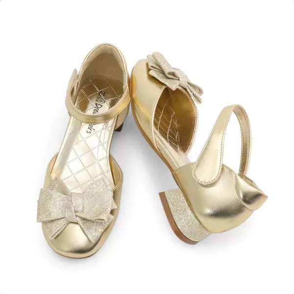 imageDREAM PAIRS Girls Dress Shoes Closed Toe Low Heels Ankle Strap Bow Ballet Wedding Party Sandals Princess Flower ShoesGold
