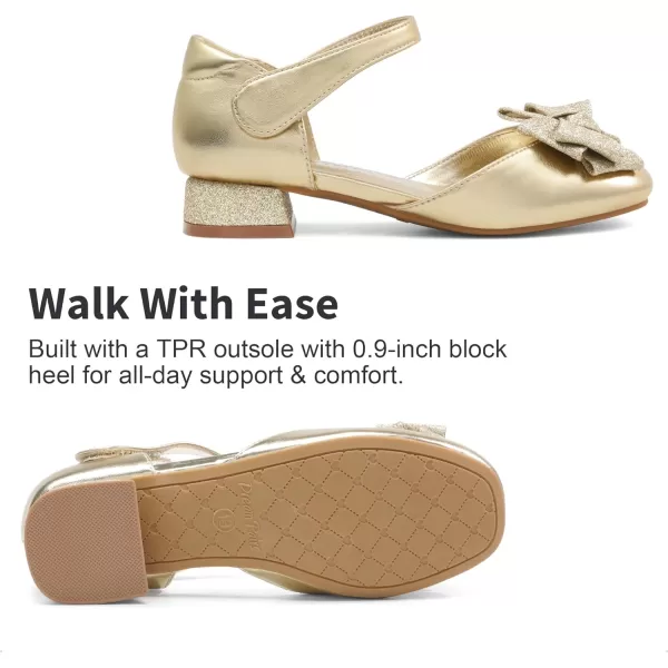 imageDREAM PAIRS Girls Dress Shoes Closed Toe Low Heels Ankle Strap Bow Ballet Wedding Party Sandals Princess Flower ShoesGold