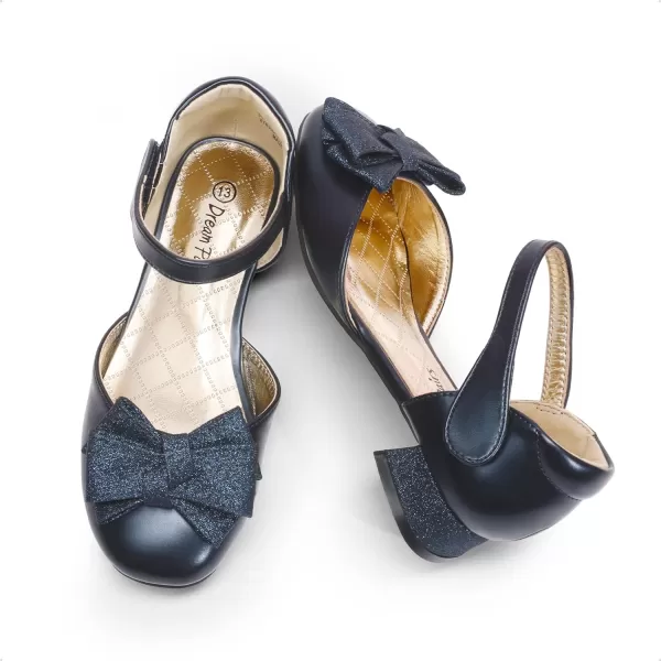 imageDREAM PAIRS Girls Dress Shoes Closed Toe Low Heels Ankle Strap Bow Ballet Wedding Party Sandals Princess Flower ShoesNavy