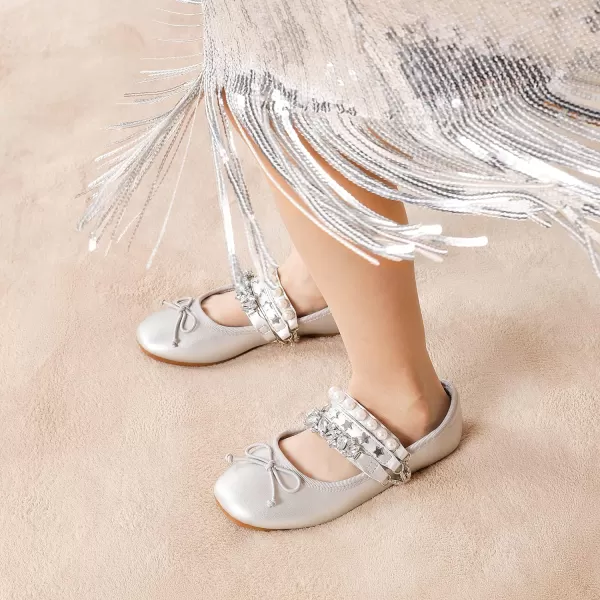 imageDREAM PAIRS Girls Dress Shoes Interchangeable Straps Fashion Bow Ballerina Flower Girl Ballet Flats DIYSilver