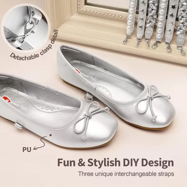imageDREAM PAIRS Girls Dress Shoes Interchangeable Straps Fashion Bow Ballerina Flower Girl Ballet Flats DIYSilver
