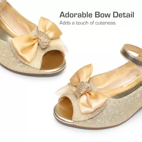 imageDREAM PAIRS Girls Heels Dress Shoes Party Wedding Bow Flower Girl Flats Princess Open Toe Sandals for Little KidBig KidGoldglitter