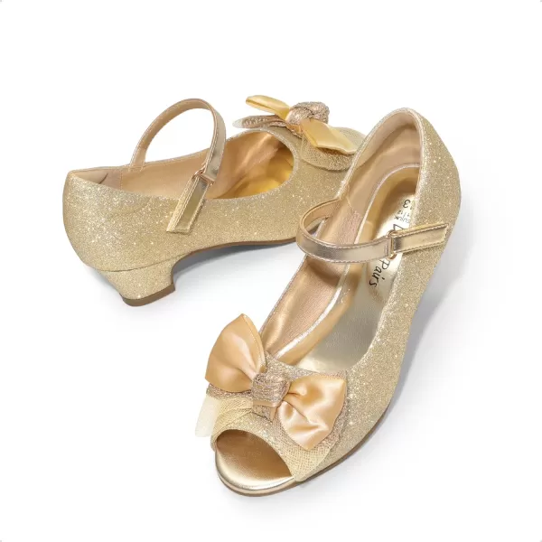 imageDREAM PAIRS Girls Heels Dress Shoes Party Wedding Bow Flower Girl Flats Princess Open Toe Sandals for Little KidBig KidGoldglitter