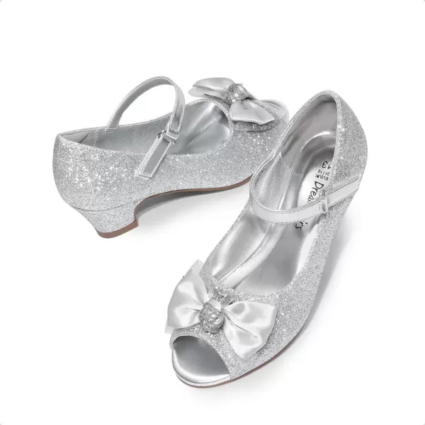 imageDREAM PAIRS Girls Heels Dress Shoes Party Wedding Bow Flower Girl Flats Princess Open Toe Sandals for Little KidBig KidSilverglitter