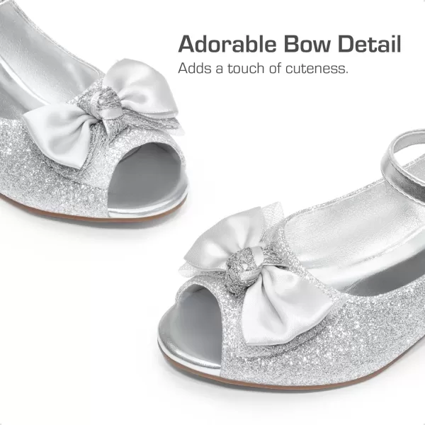 imageDREAM PAIRS Girls Heels Dress Shoes Party Wedding Bow Flower Girl Flats Princess Open Toe Sandals for Little KidBig KidSilverglitter