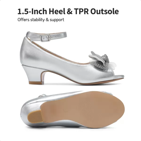 imageDREAM PAIRS Girls Heels Dress Shoes Wedding Party Bow Flower Girl Shoes Princess Open Toe Sandals for Little KidBig KidSilver