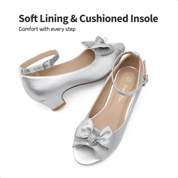 imageDREAM PAIRS Girls Heels Dress Shoes Wedding Party Bow Flower Girl Shoes Princess Open Toe Sandals for Little KidBig KidSilver