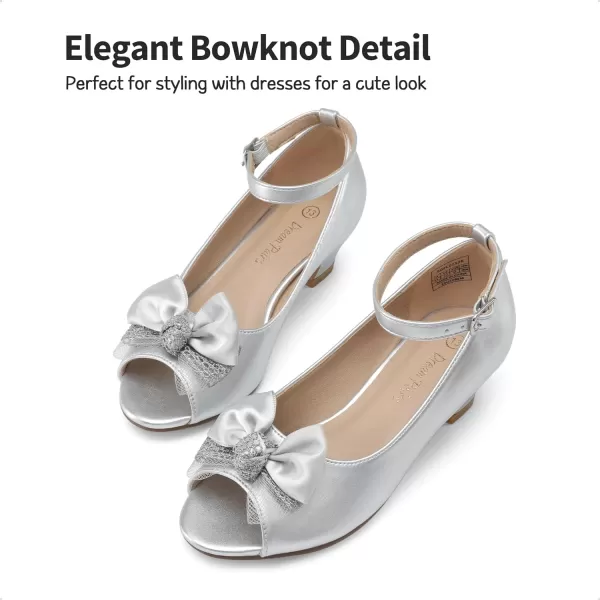 imageDREAM PAIRS Girls Heels Dress Shoes Wedding Party Bow Flower Girl Shoes Princess Open Toe Sandals for Little KidBig KidSilver