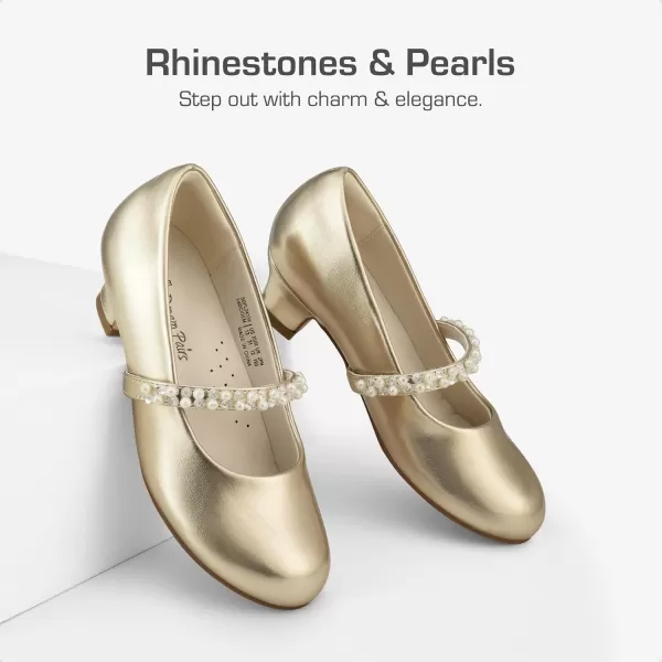 imageDREAM PAIRS Girls Low Heel Dress Shoes Mary Jane Pearl Flower Girl Pumps Princess Wedding PartyGold