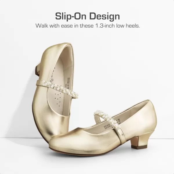imageDREAM PAIRS Girls Low Heel Dress Shoes Mary Jane Pearl Flower Girl Pumps Princess Wedding PartyGold