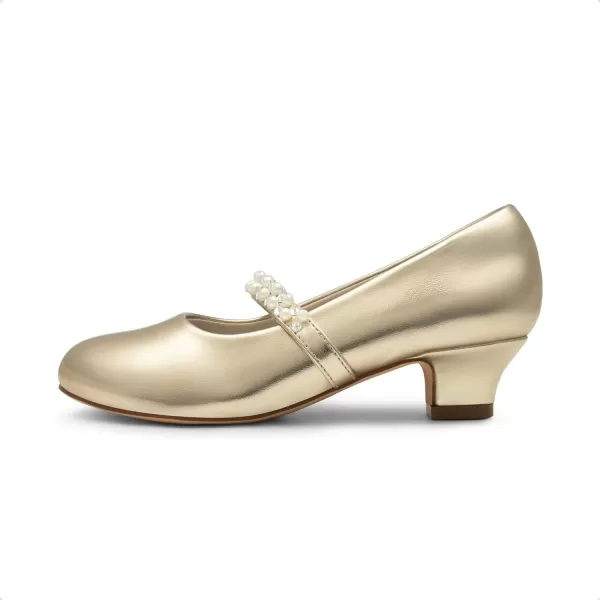 imageDREAM PAIRS Girls Low Heel Dress Shoes Mary Jane Pearl Flower Girl Pumps Princess Wedding PartyGold