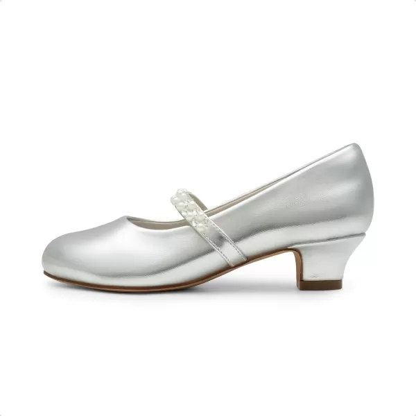 imageDREAM PAIRS Girls Low Heel Dress Shoes Mary Jane Pearl Flower Girl Pumps Princess Wedding PartySilver