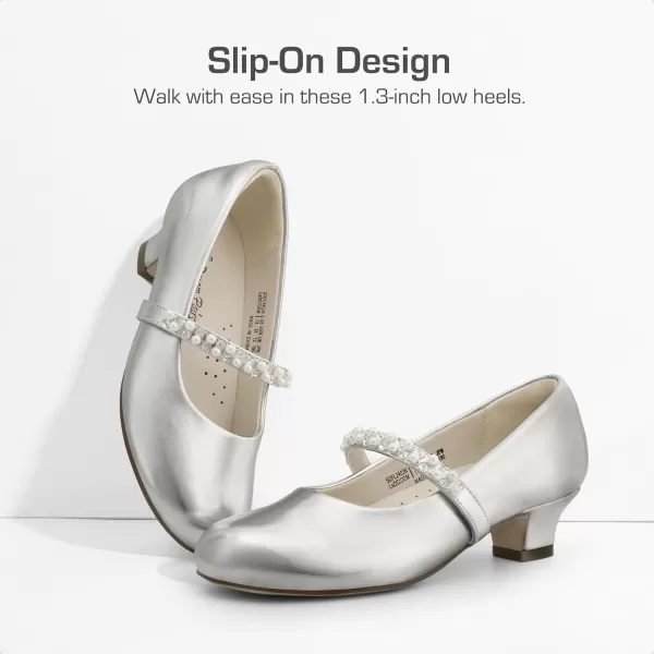 imageDREAM PAIRS Girls Low Heel Dress Shoes Mary Jane Pearl Flower Girl Pumps Princess Wedding PartySilver