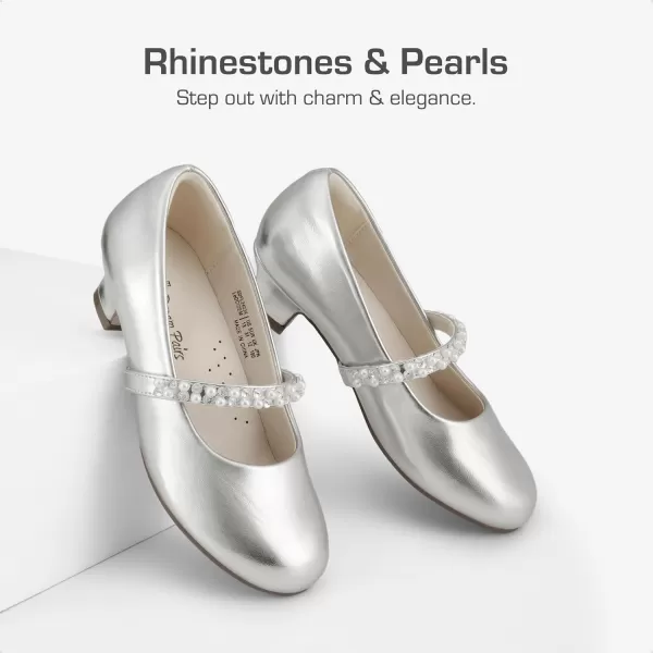 imageDREAM PAIRS Girls Low Heel Dress Shoes Mary Jane Pearl Flower Girl Pumps Princess Wedding PartySilver